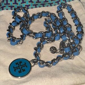 Tory Burch Leather & Metallic Wrap Blue Necklace